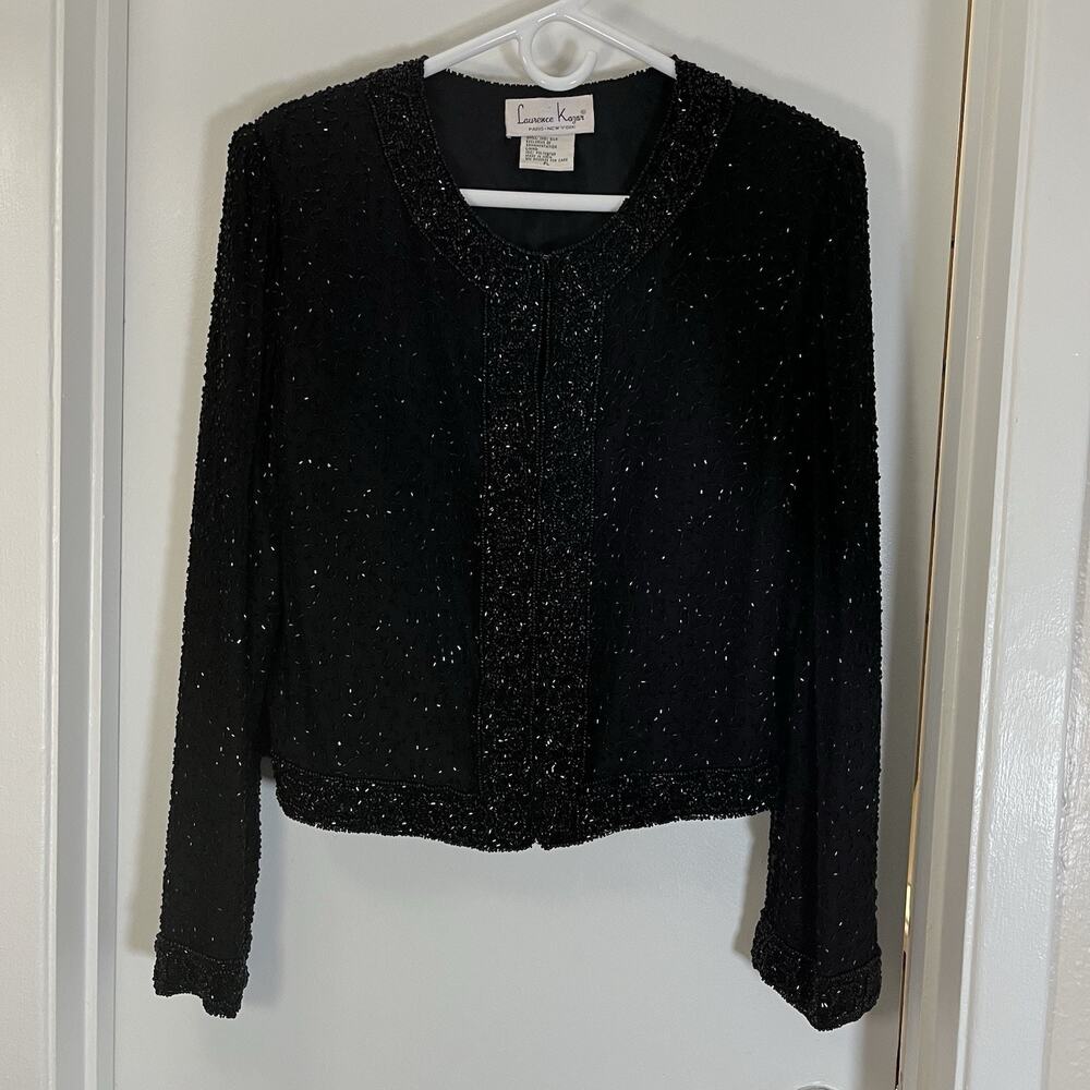 VTG LAWRENCE KAZAR SILK GLAM FORMAL SEQUIN BEADED JEWELED NY JACKET BLOUSE Sz PL